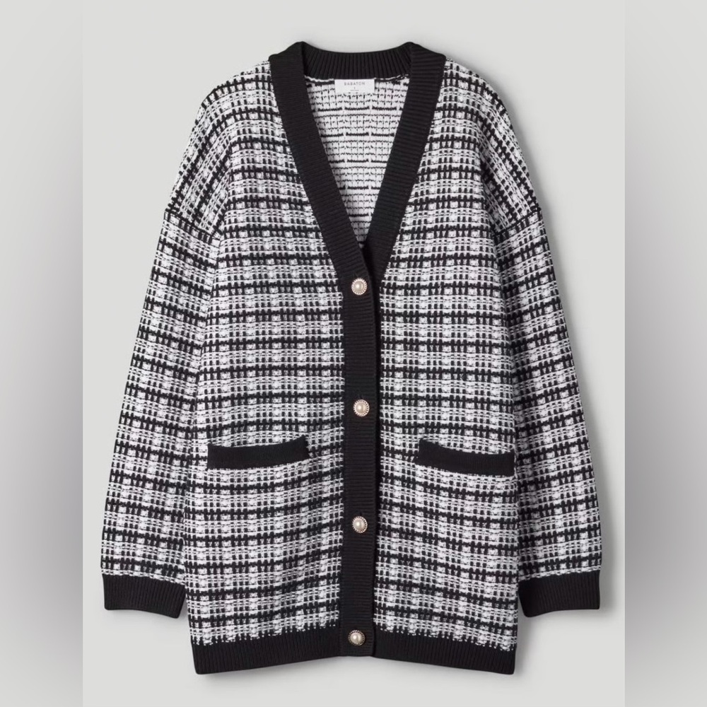 Aritzia Babaton Oversized Sweater Wool Cardigan Black White XXS Preppy Old Money